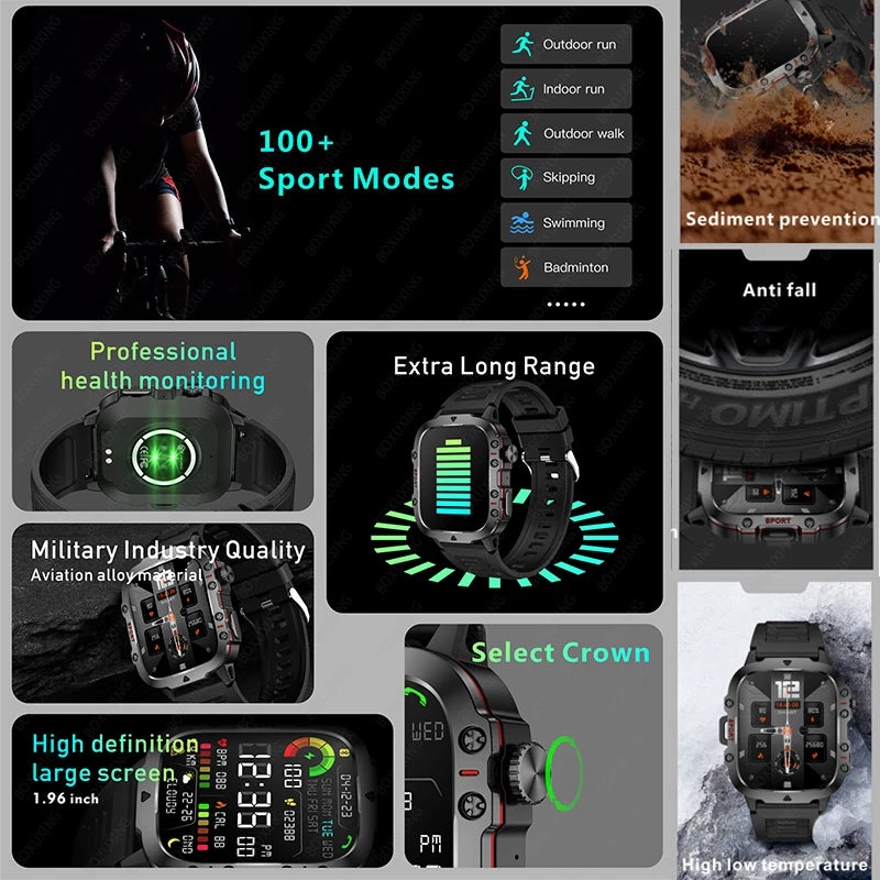 Smartwatch Militar 2025, GPS, Bluetooth, Chamada de voz, À prova d'água.
