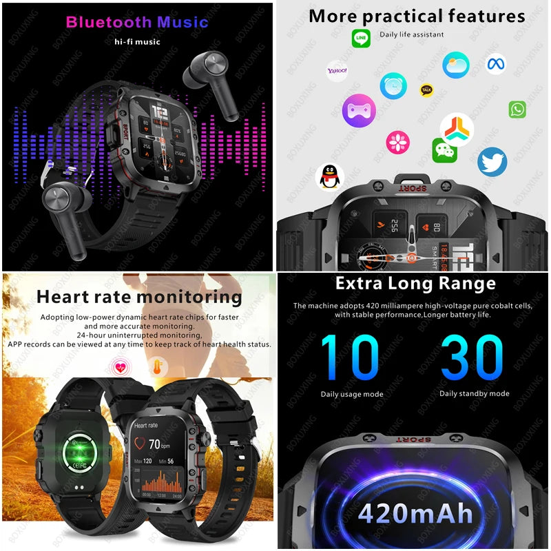 Smartwatch Militar 2025, GPS, Bluetooth, Chamada de voz, À prova d'água.