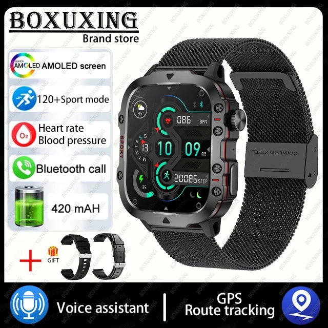 Smartwatch Militar 2025, GPS, Bluetooth, Chamada de voz, À prova d'água.